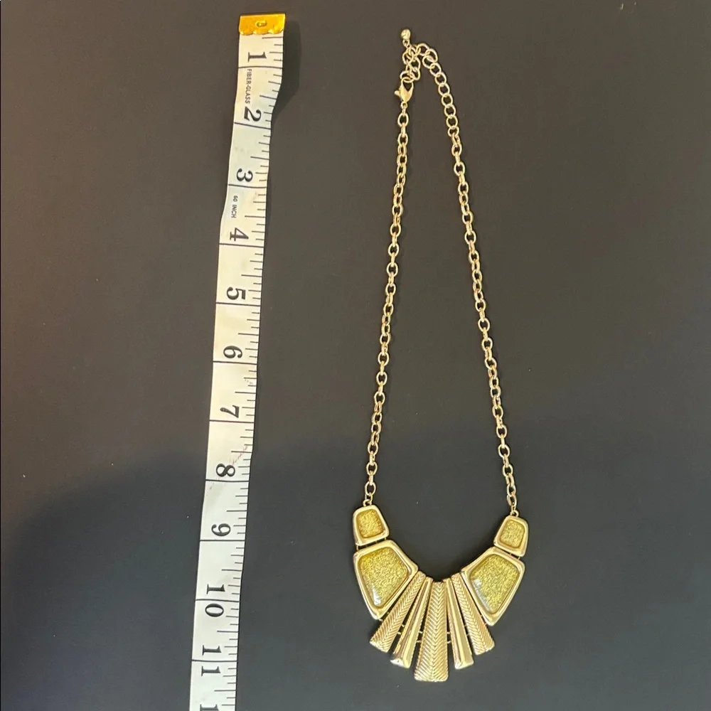 Gold tone geometric fan plate bib statement necklace Cleopatra inspired